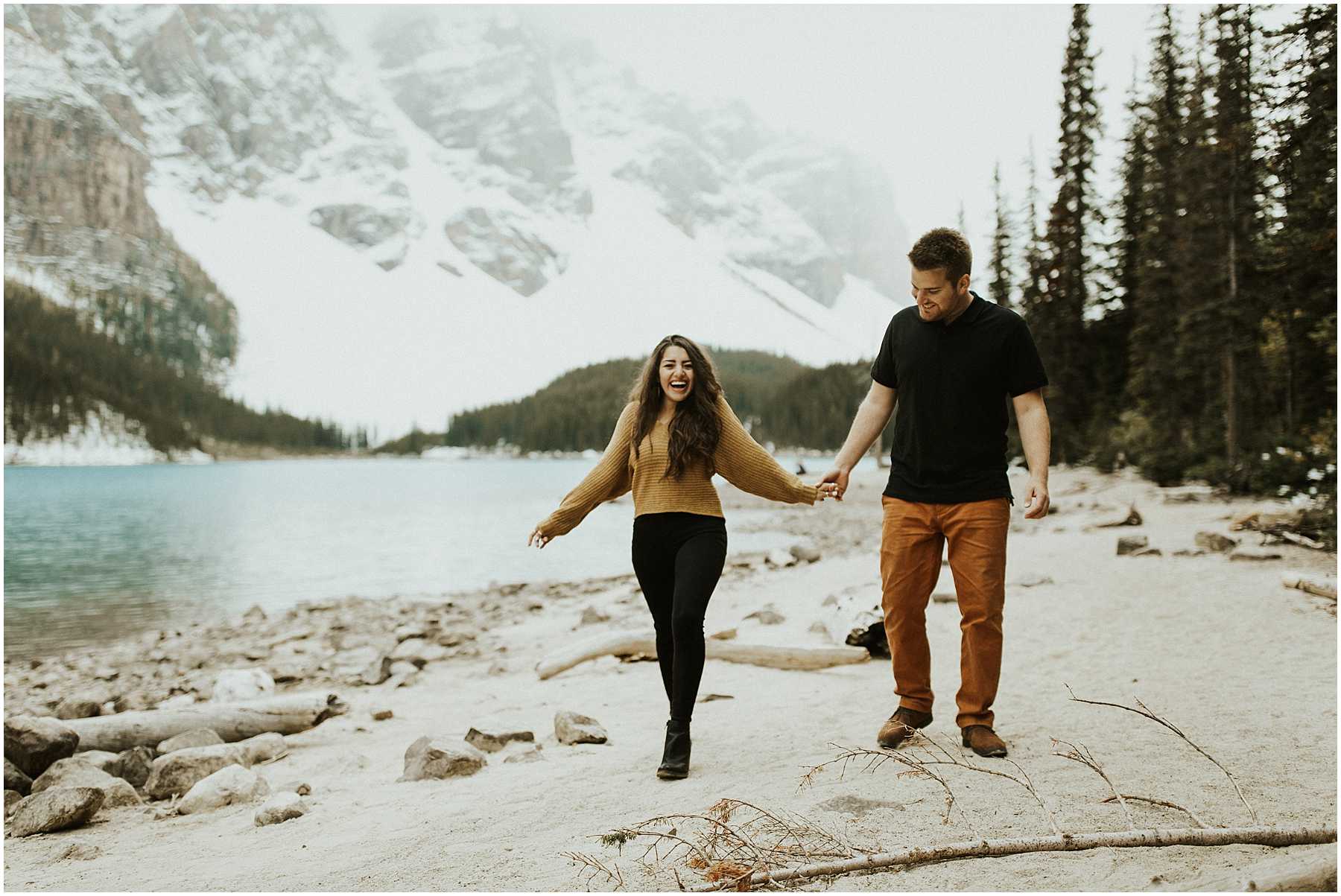 A fun, laid-back, adventurous couples shoot at Lake Moraine in Banff National Park
