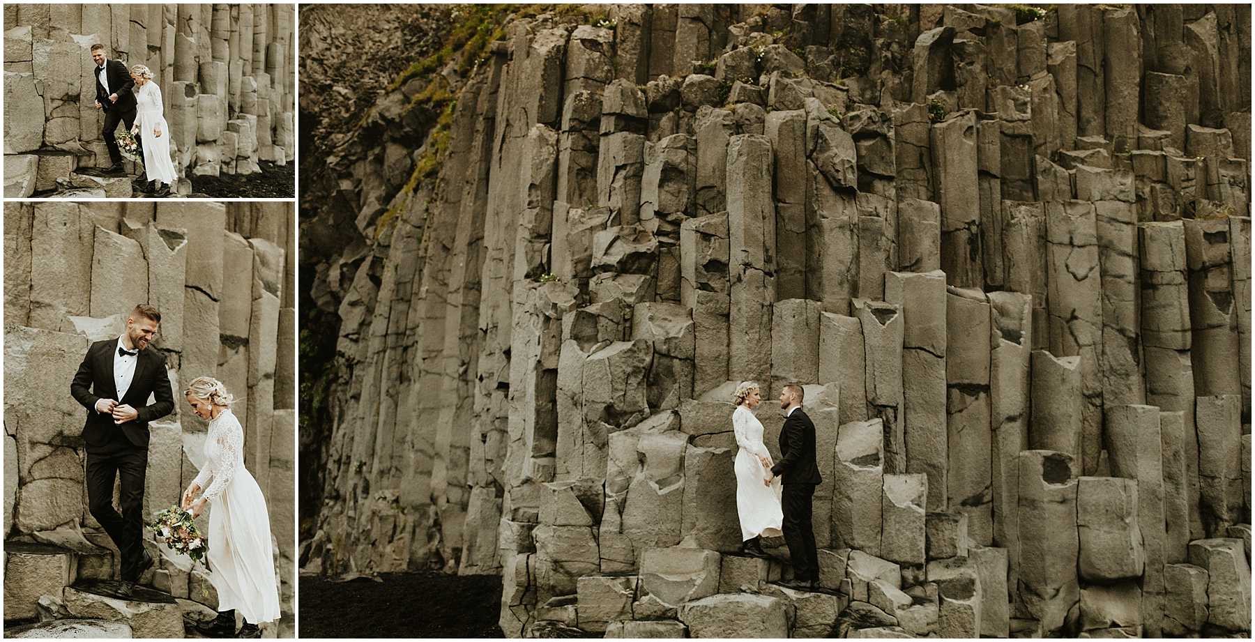A bride and groom at Black Sands Beach in Vik, Iceland