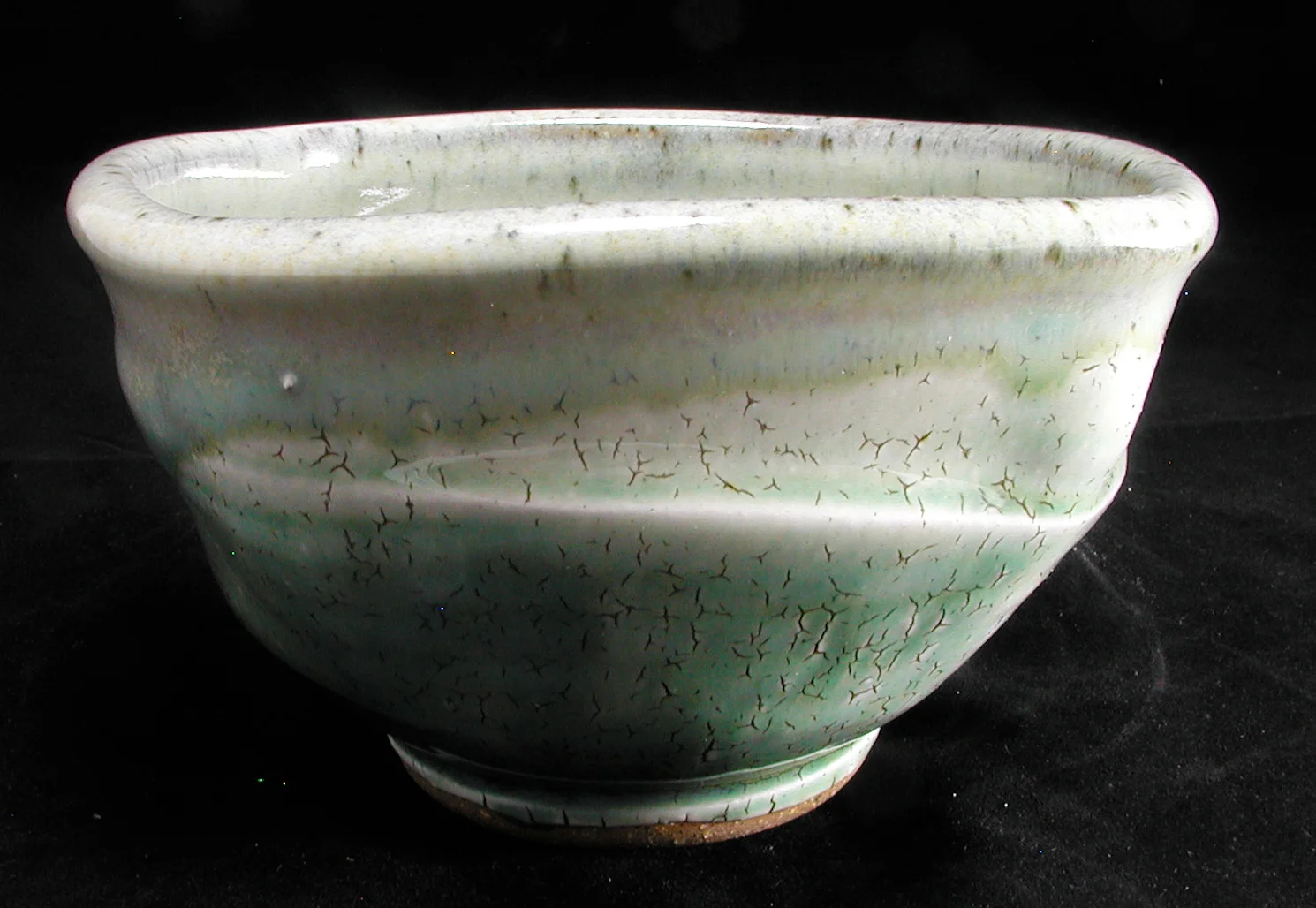 Stoneware bowl, crackle slip, green ash, chun glazes