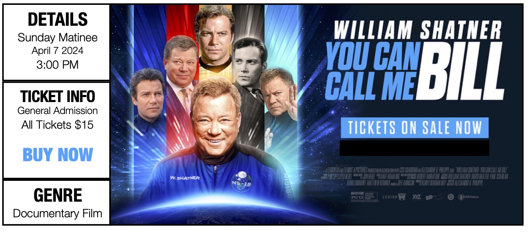 William Shatner: You Can Call Me Bill Sunday April 7 2024 3:00 PM
