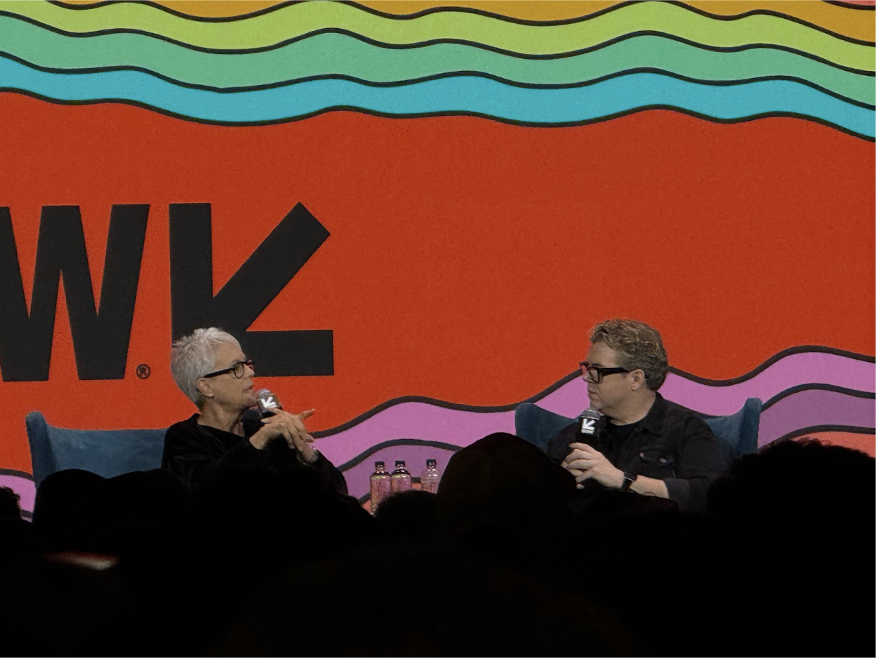Jamie Lee Curtis speaking on stage during a panel discussion at SXSW 2026.