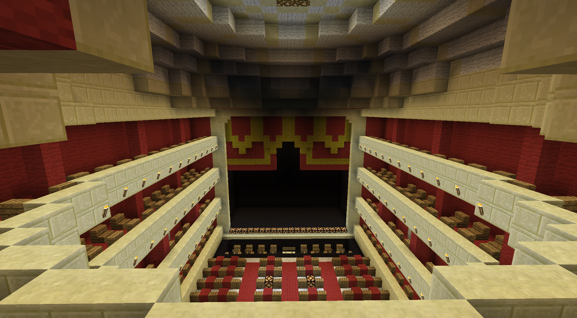 A Minecraft auditorium inspired by the Royal Opera House - credits to Palancz, Gery, and Darkamzik