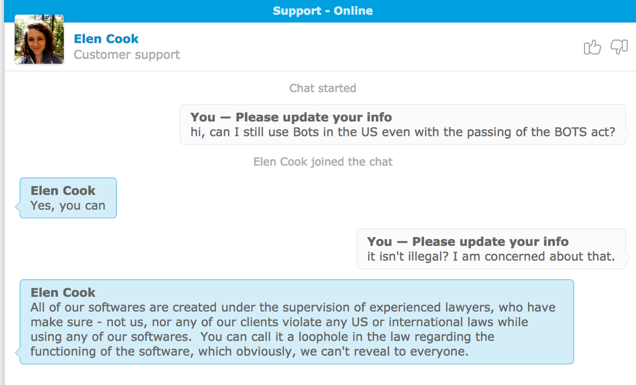 Conversation with "Elen Cook" from Ticketbots.net