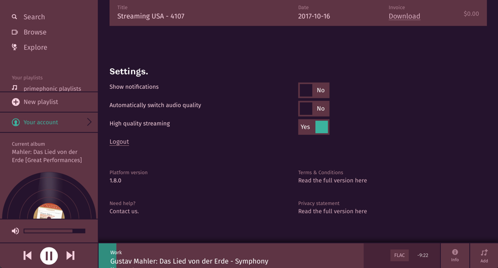  High-quality FLAC streaming can be turned on or off. 
