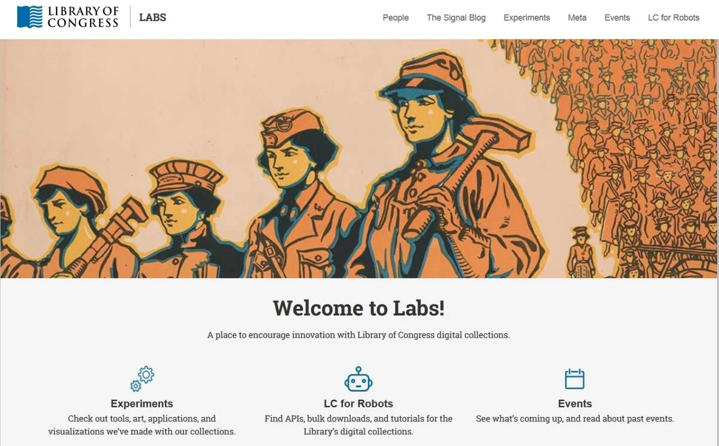 Library of Congress Labs is their virtual-user experiment space for exploring digital resources. “Labs.” Library of Congress . 2018. Accessed March 30, 2018. https://labs.loc.gov/ .