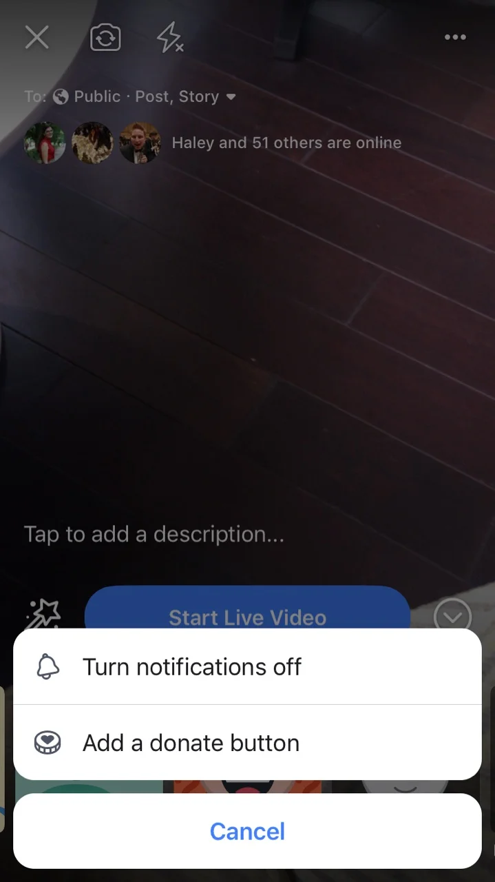 Screenshot of Facebook Live Donation Button