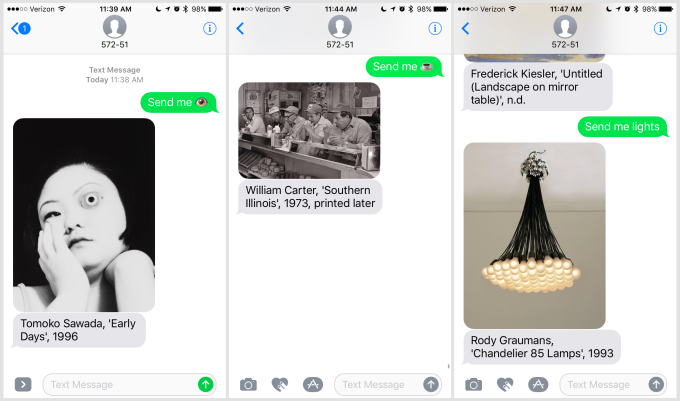 Send Me SFMOMA allows the user to request an item and the service will respond with an image of a work in the collcetion. Source: Techcrunch https://techcrunch.com/2017/07/10/you-can-text-sfmoma-and-it-will-respond-with-art-on-demand/ , 2017.