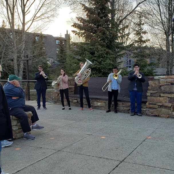 The National Repertory Orchestra’s Floating Brass Quintet. Pictured: William Berue, Trumpet; Jessica Elder, Horn; Riley Lindsey, Tuba; Robyn Smith, Trombone; David Nakazono, Trumpet. Photo Credit: Alyssa Wroblewski