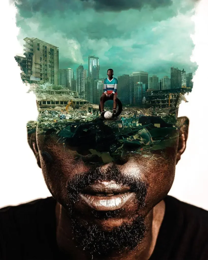 Surreal graphic image of inside a man's head of an apocalyptical landscape with a boy and a soccer ball.