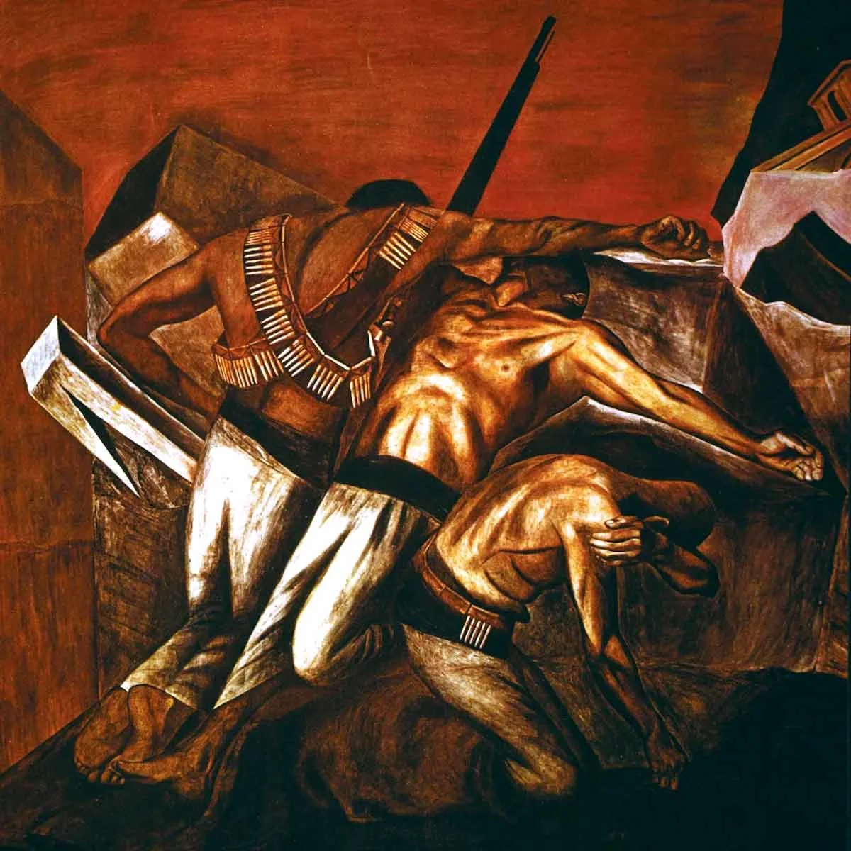 Expressionist painting of three figures dressed in battle attire, appearing distressed in warm-toned apocalyptic landscape.