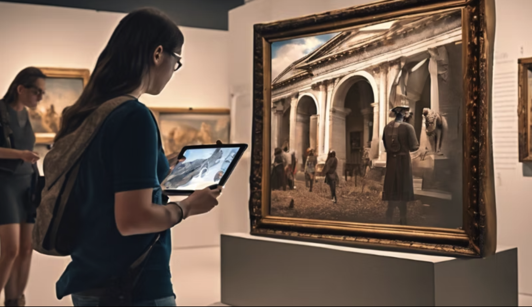 Teenage girl holding an digital tablet in front of a painting from the renaissance.