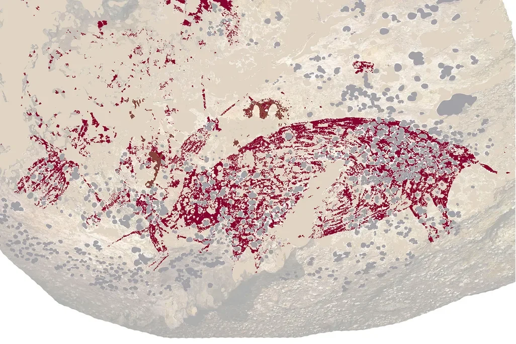 Red markings on beige cave wall. Red markings in shape of human figures next to large pig-like shape.