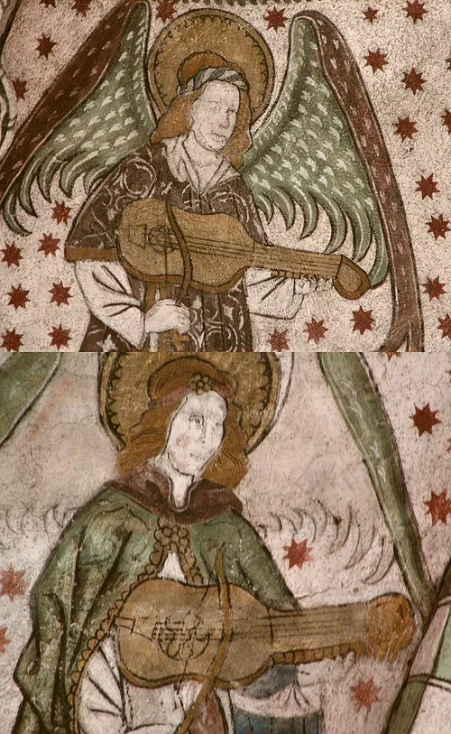 Fresco of two medieval-era angels playing instruments