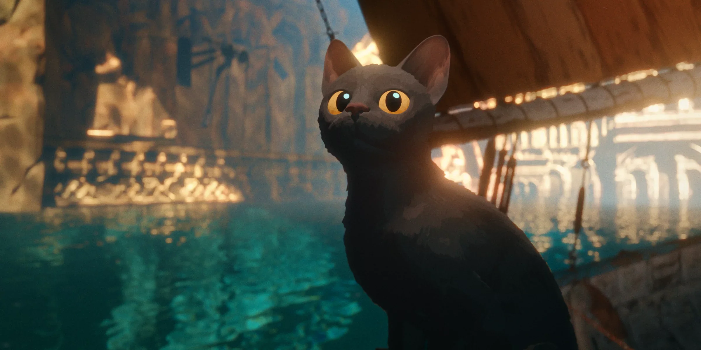 A grey animated cat with glowing amber eyes stands on a boat in a flooded environment, with warm light reflecting on the water behind it.