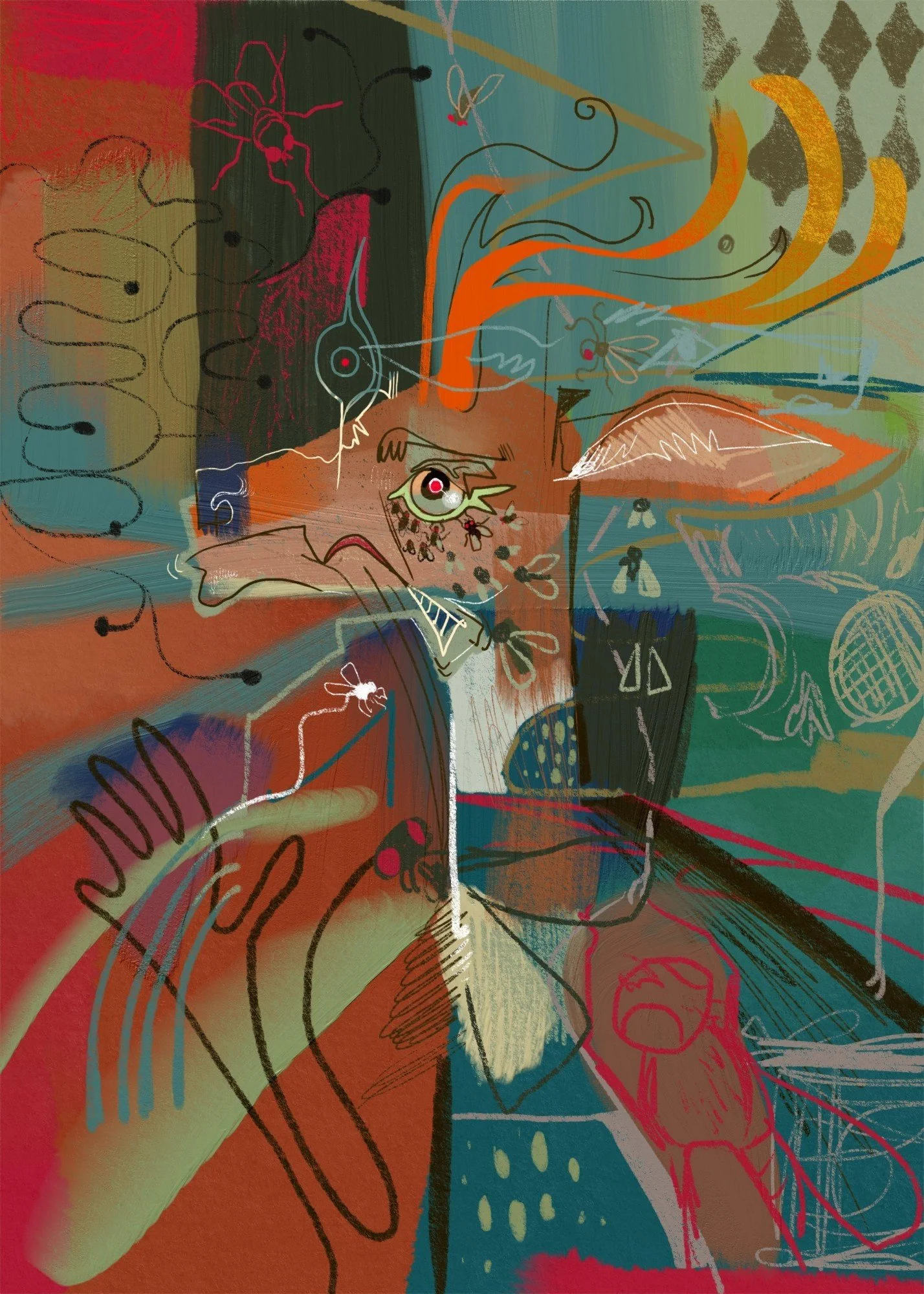 A colorful and abstract portrait of an animal figure, with swirling lines, bright orange and green tones, and scattered elements like flies and geometric shapes.
