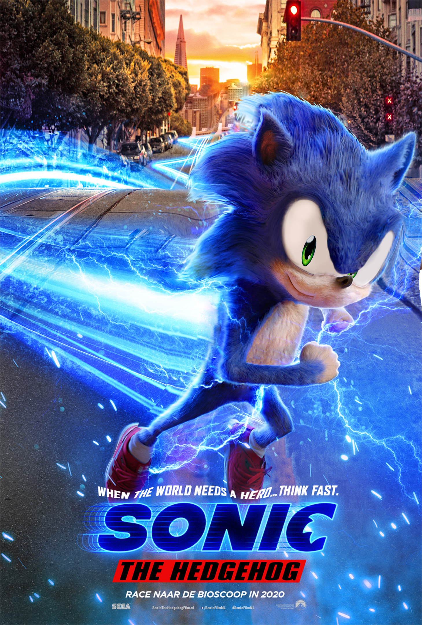 Promotional image from Sonic the Hedgehog (2020) showing Sonic running at high speed through a city street, illustrating SEGA’s successful game-to-film transmedia adaptation.