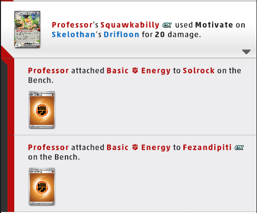 Pokémon TCG Live battle screen showing Energy attached to Squawkabilly ex instead of Mega Lucario ex, resulting in a weaker attack option.