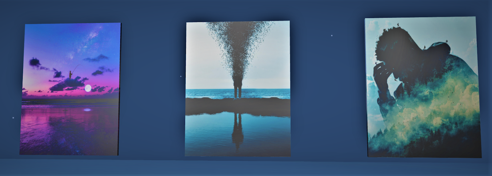 Virtual gallery with three works of art.