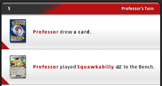 Pokémon TCG Live battle screen showing Professor Fir placing Squawkabilly ex onto the Bench on turn three even though its Ability can no longer be activated.