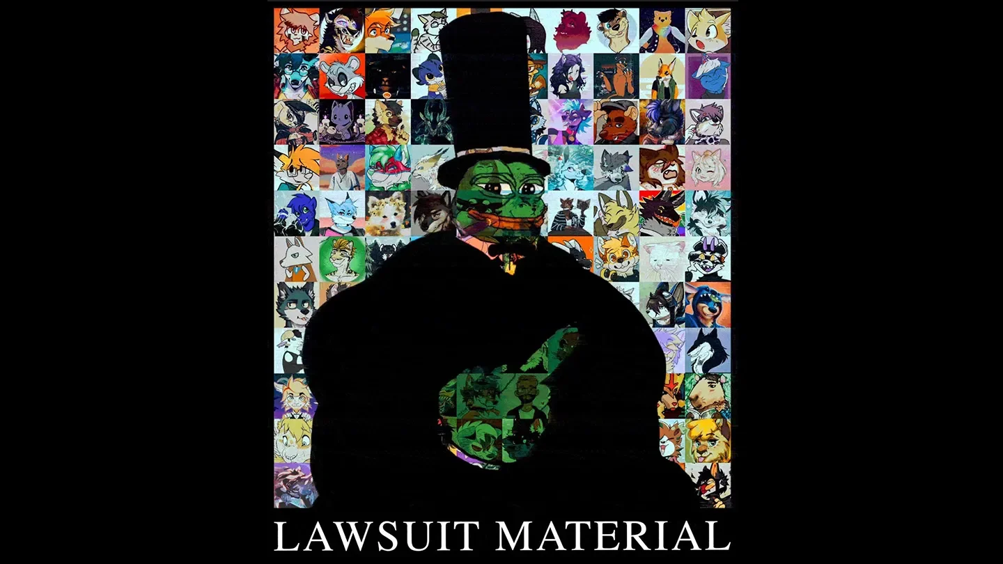 A collage artwork featuring a large green character with a top hat and an array of cartoon animal images in the background, labeled "LAWSUIT MATERIAL."