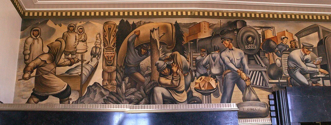 Left side of mural depicting workers laboring across an industrial and rural landscape, including logging, construction, and rail transport, rendered in a muted, naturalistic style