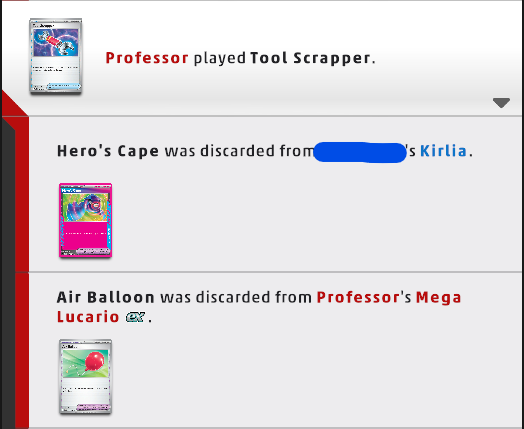 Pokémon TCG Live battle screen showing Tool Scrapper discarding both an opponent's Tool card and Professor Fir's own Tool card, reducing his board strength.