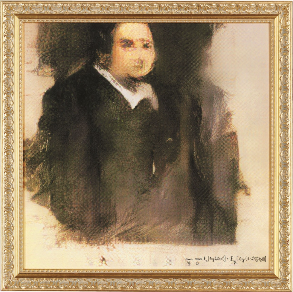 AI-generated portrait titled “Edmond de Belamy,” created using a generative algorithm and sold at Christie’s auction in 2018.