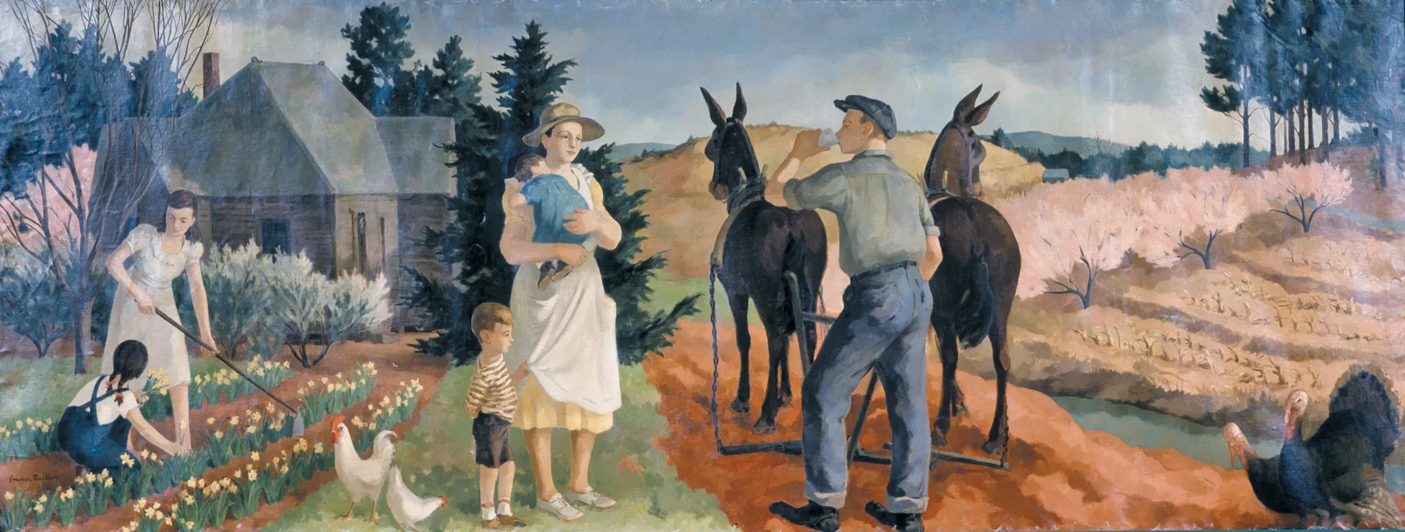 Painting depicting farm life in Georgia. Figures include woman and girl tending to crops and feeding chickens. Another woman holding infant with toddler holding her by the apron. Man taking sip of water while on break from plowing fields with mules.