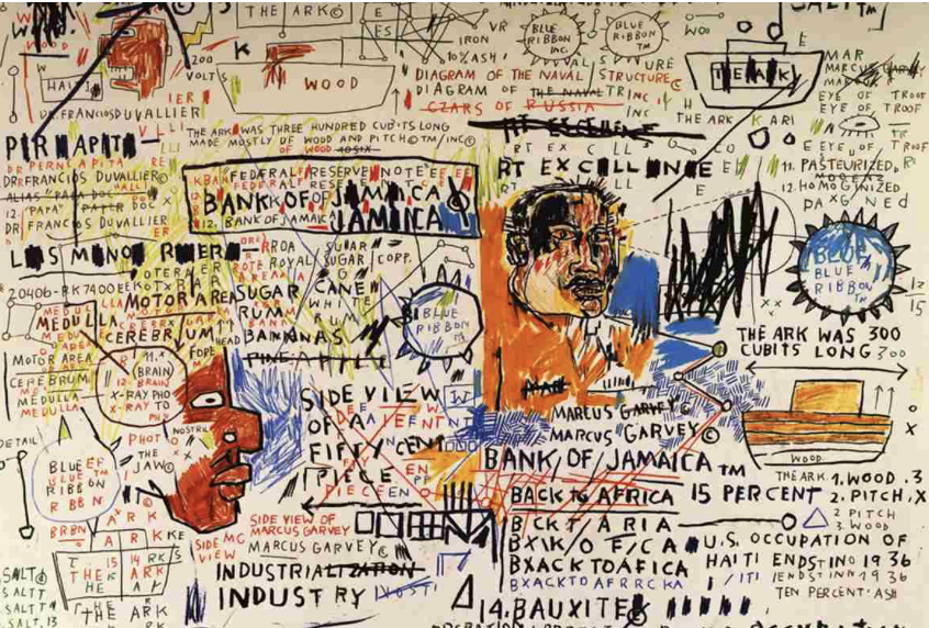 Abstract painting filled with words, faces, and primary colors