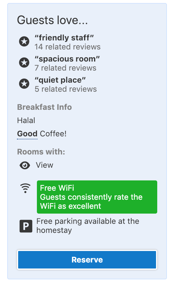 Booking.com shows an “Excellent WiFi” badge on some hotel listings, but they won’t let me use this as a filter to find only hotels that have been rated with Excellent WiFi.