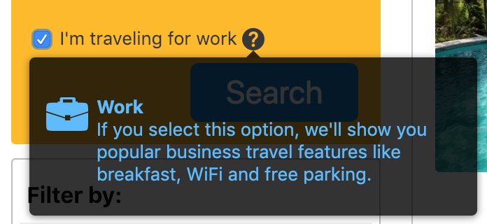 Expedia lets you select whether or not you’re traveling for business, but they’re just saying they will show you popular business features. It’s not clear how they are filtering the results and there’s not any more information in the listing than what you’d get if you had just checked off for the “Free WiFi” filter.