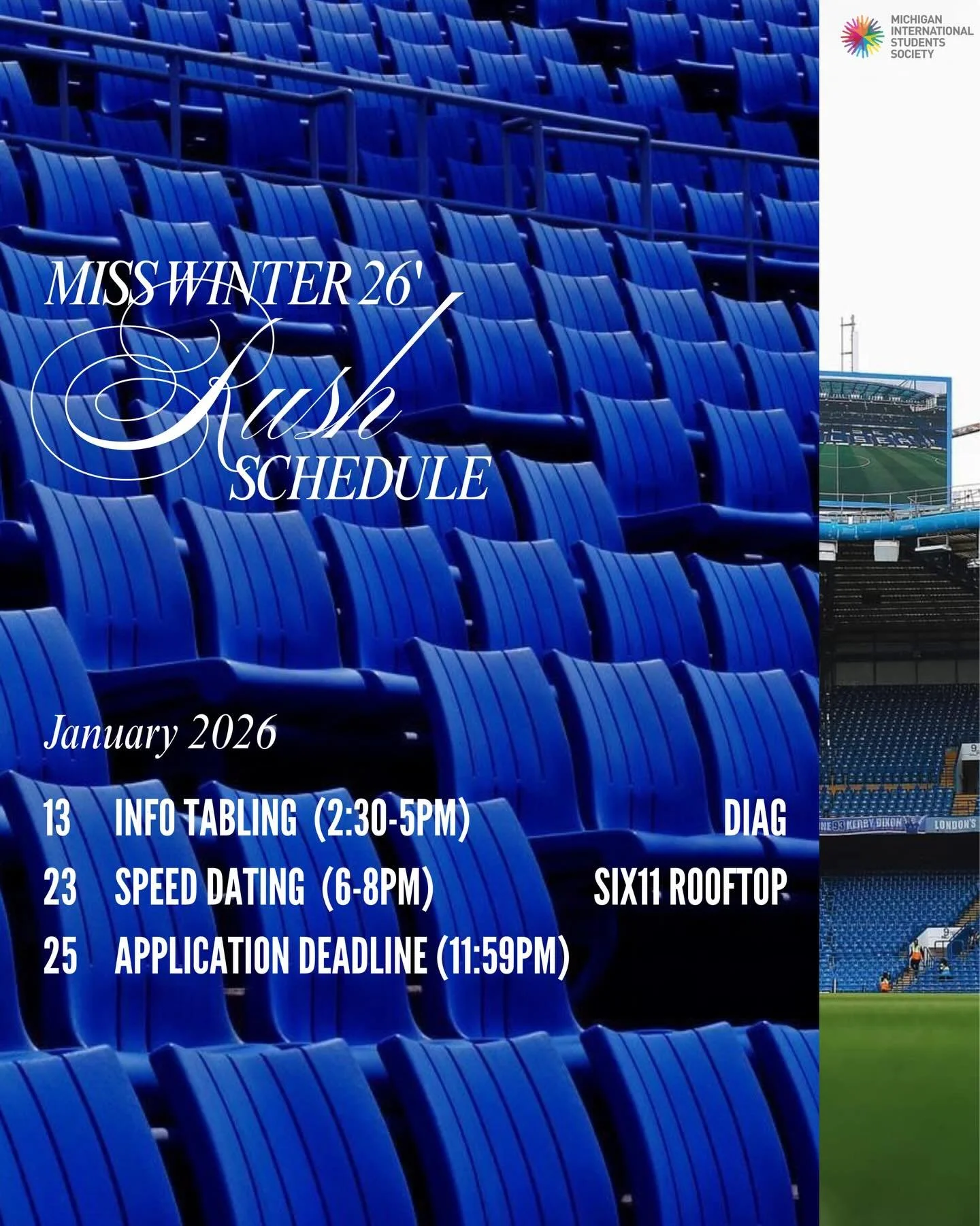 Get Ready to Join the Team! 📅

Mark your calendar! Check out our Winter 2026 Rush schedule and take the first step toward becoming part of something great:

🏟️ January 2026:
* 13th: Info Tabling (2:30-5pm) @ Diag
* 23rd: Speed Dating (6-8pm) @ Six1