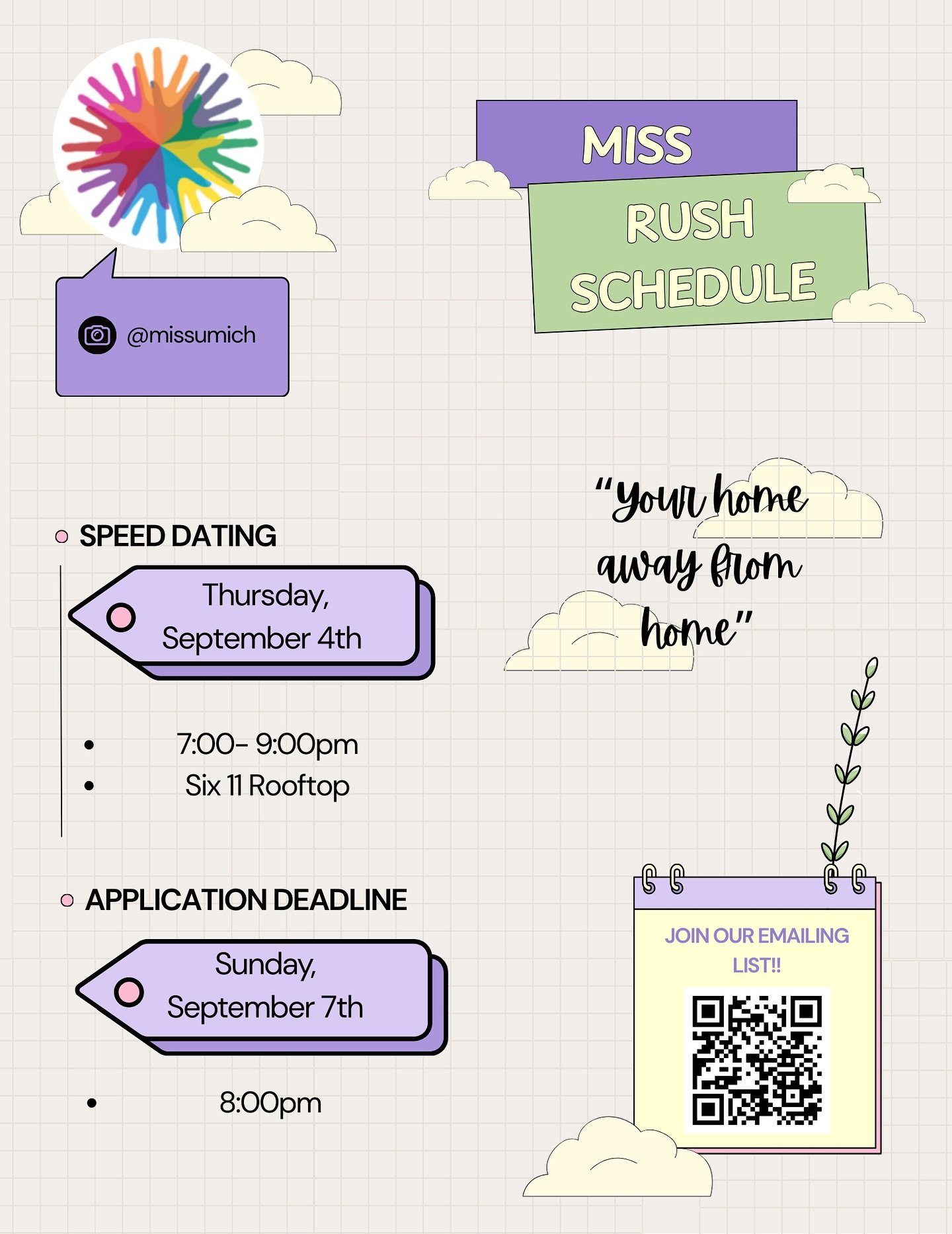 GET EXCITED FOR OUR NEW RUSH SCHEDULE!!
We loved meeting so many of you in Festifall and hope to see you guys soon again💜💜

Stay tuned by joining our emailing list:
https://docs.google.com/forms/d/e/1FAIpQLScTp_OdSRgSD2MFj86JC8mdBumBUbaM0B6kNfCMAl-
