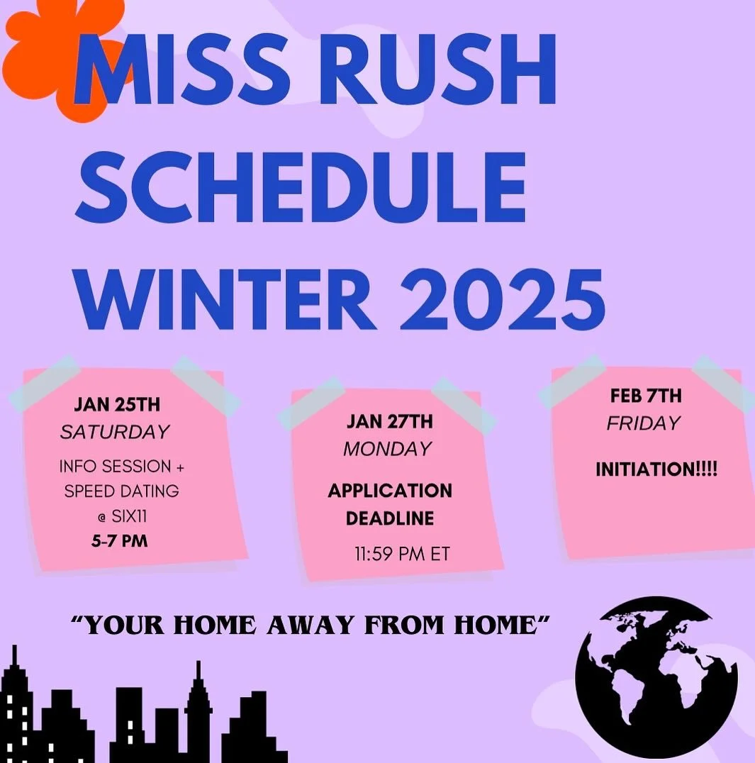 ITS TIME!!! Now presenting our official MISS winter 2025 rush schedule 🌎 Mark your calendars and grab your jackets cause you won&rsquo;t want to MISS this!!!💃 Come to our first info session + speed dating at Six11 floor 14, Ann Arbor this Saturday 