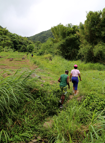 My husband, Ferron and I, walking the trail to the second falls at Concord, St. John.