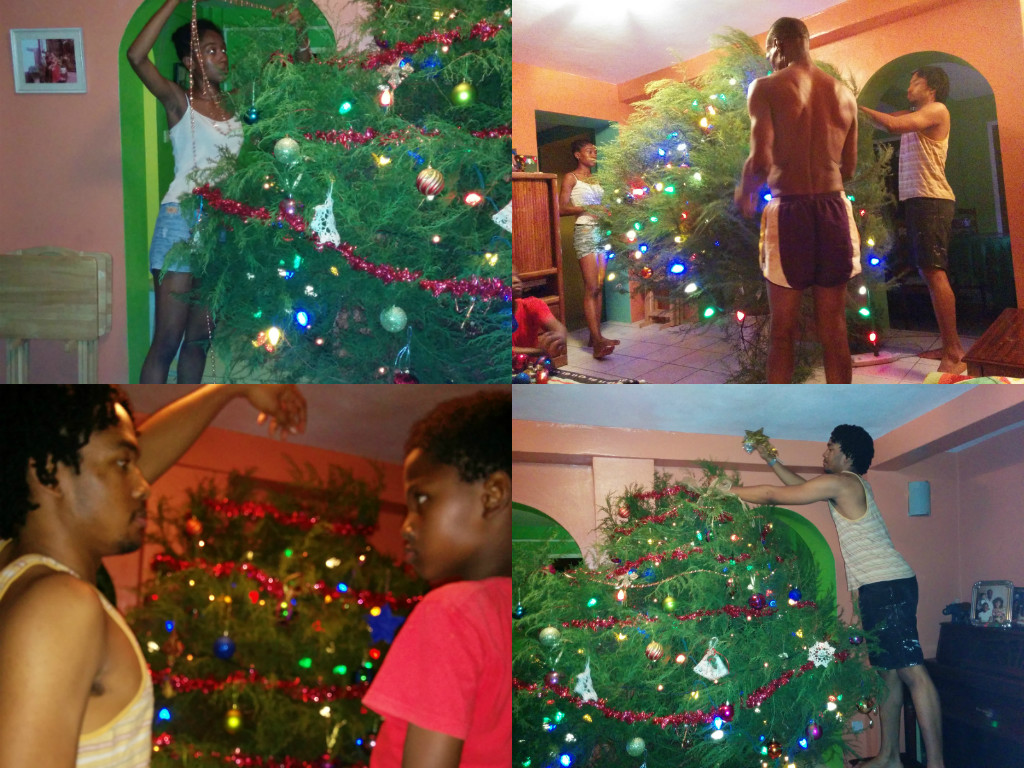 The annual family gathering to decorate the Christmas tree. Malaika, , who is currently in Jamaica doing a 6 week artist residency was sorely missed.