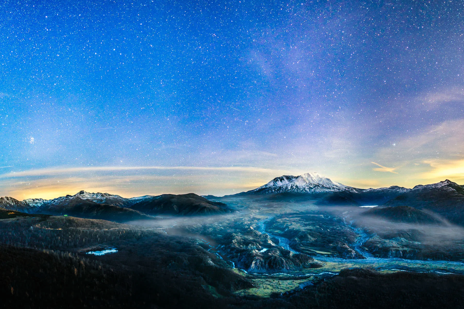 Foggy night at the blast zone of Mt St Helens, Washington