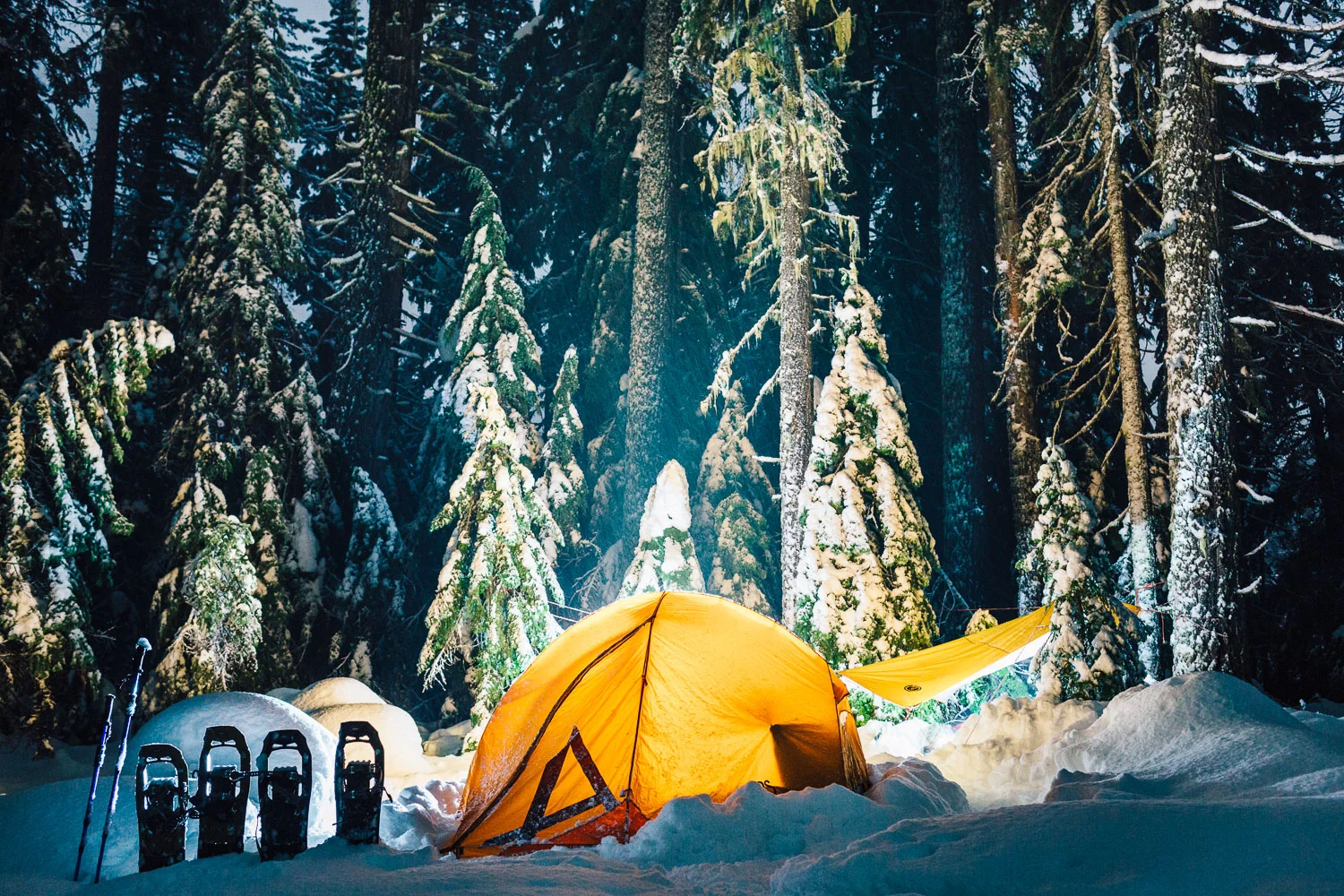 Tent in the snow near Diamond Lake, Oregon