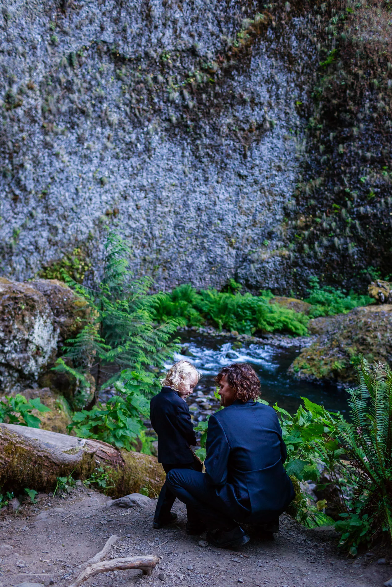 Groom and son before their wedding at Wahclella Falls, OR