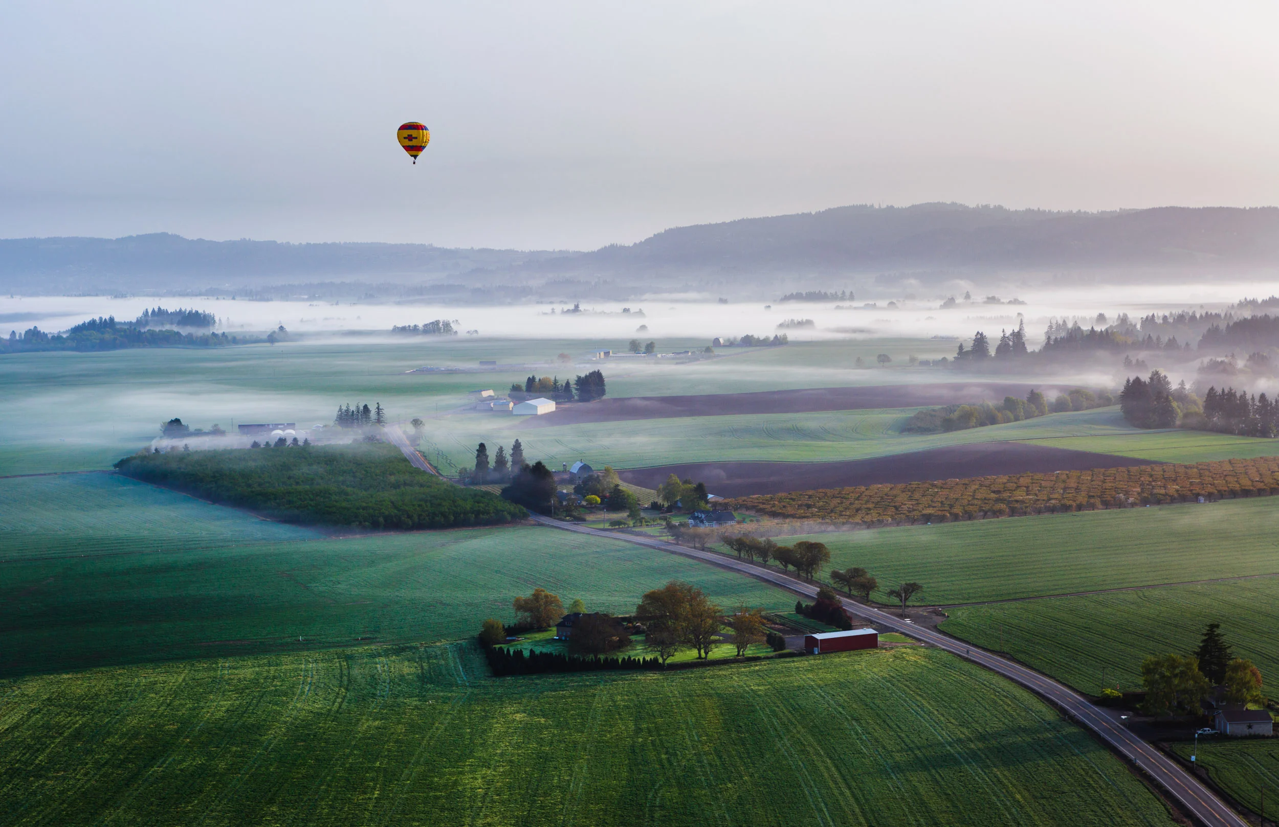 Hot air balloon above Oregon Farmland