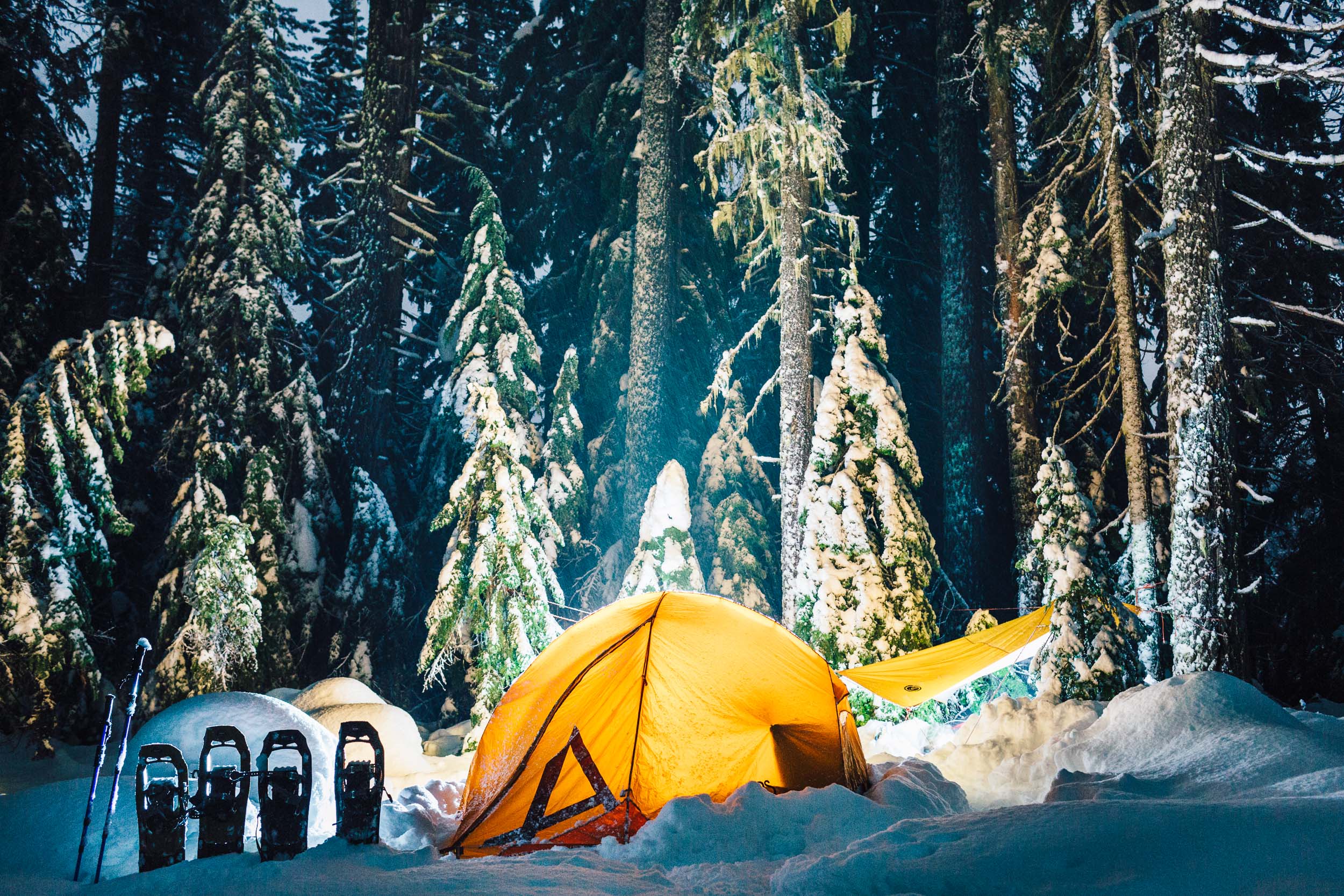 Glowing tent in the snowy forest