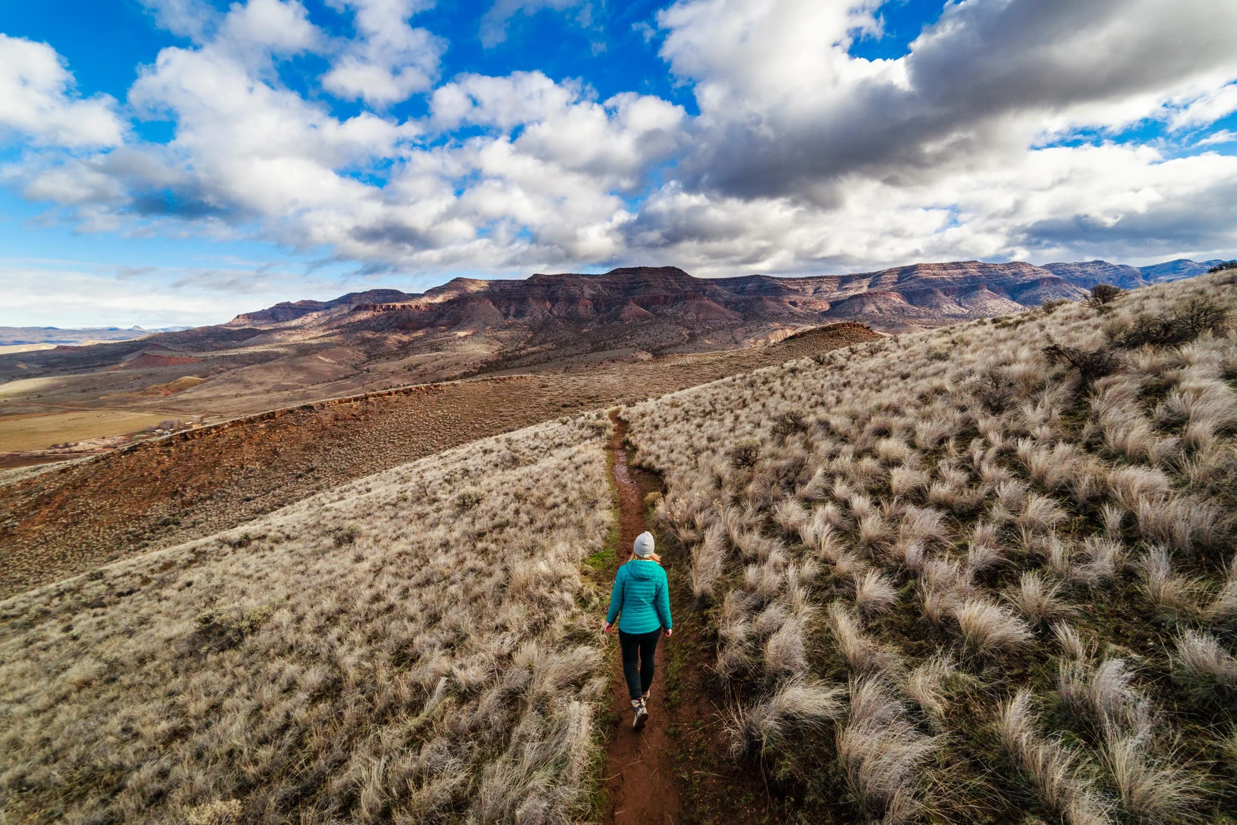  Young woman hiking through millions of years of history near the Painted Hills on the Carroll Rim Trail in the Oregon desert. All around was more than 50 million years of geological and volcanic activity with the 10+ layers of basalt breaking up the