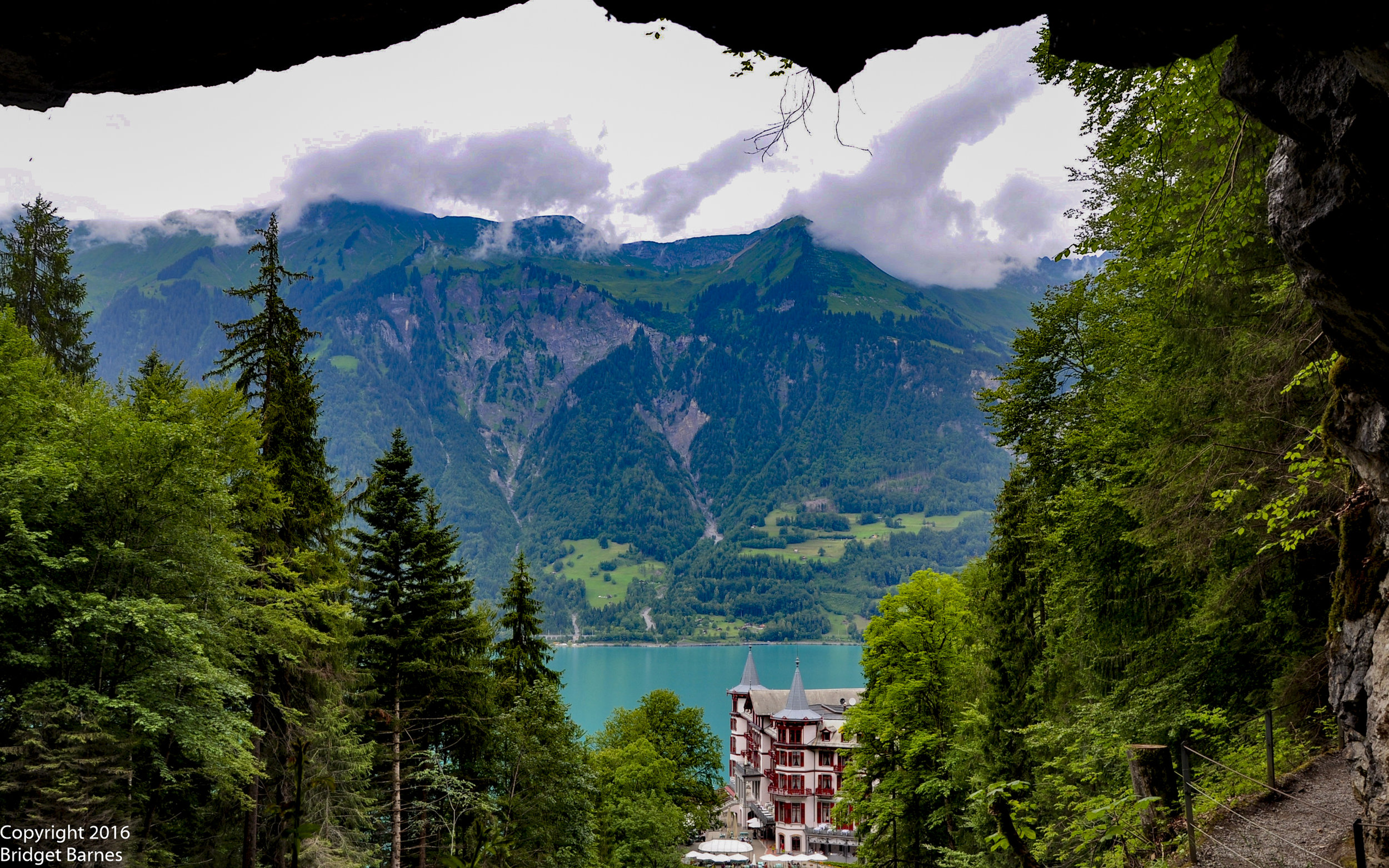 A view of the hotel and the lake from the top of the falls