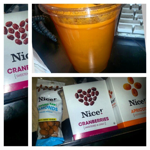 Healthy snacking at work. #healthyeating #healthbars #fruitjuice #almonds #craisins #driedfruit #duanereade