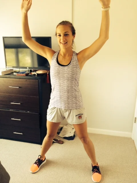 Jumping Jacks target the entire body including the core! This traditional workout offers a nice cardio boost! 