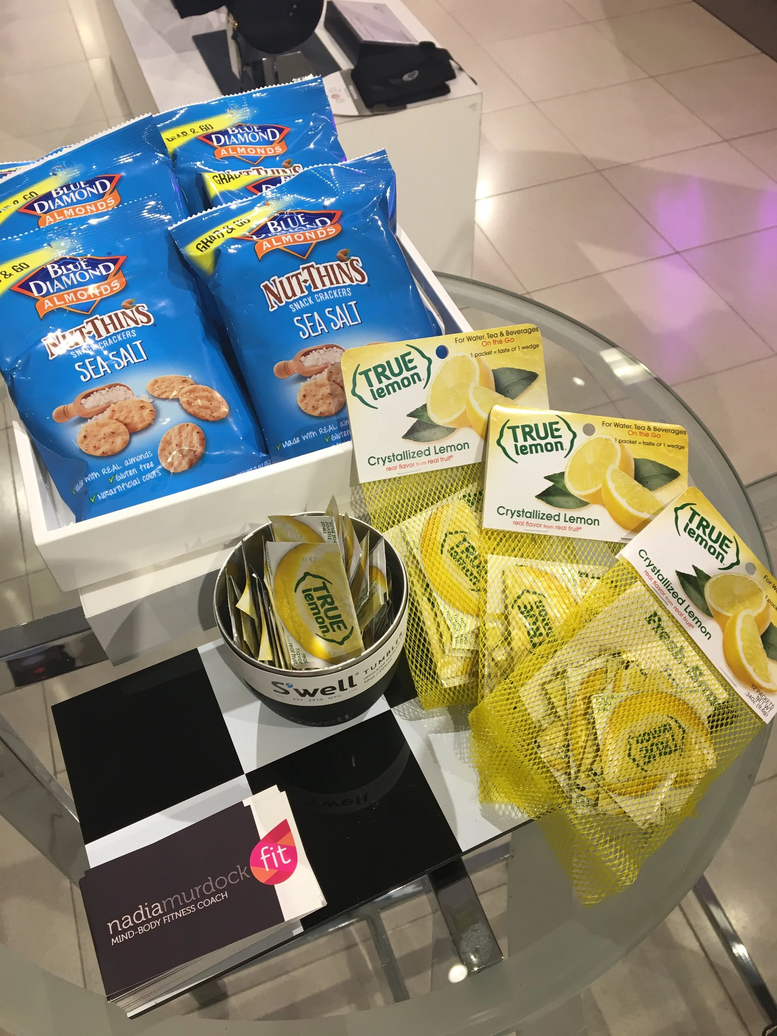 Keep your gym bag filled with healthy options at all times like True Lemon for your water and Blue Diamond snacks!