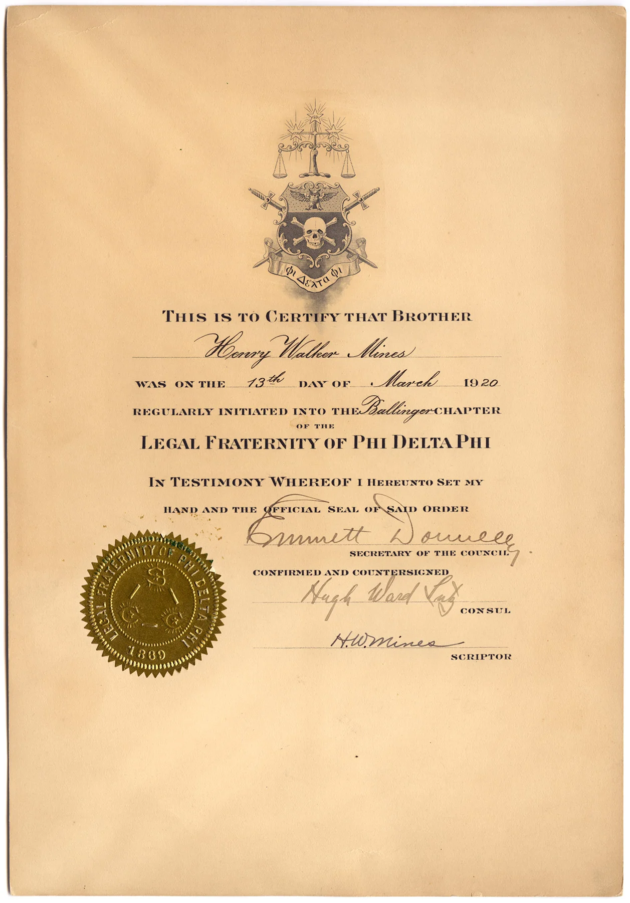 Henry Walker Mines - Phi Delta Phi Legal Fraternity - 1920