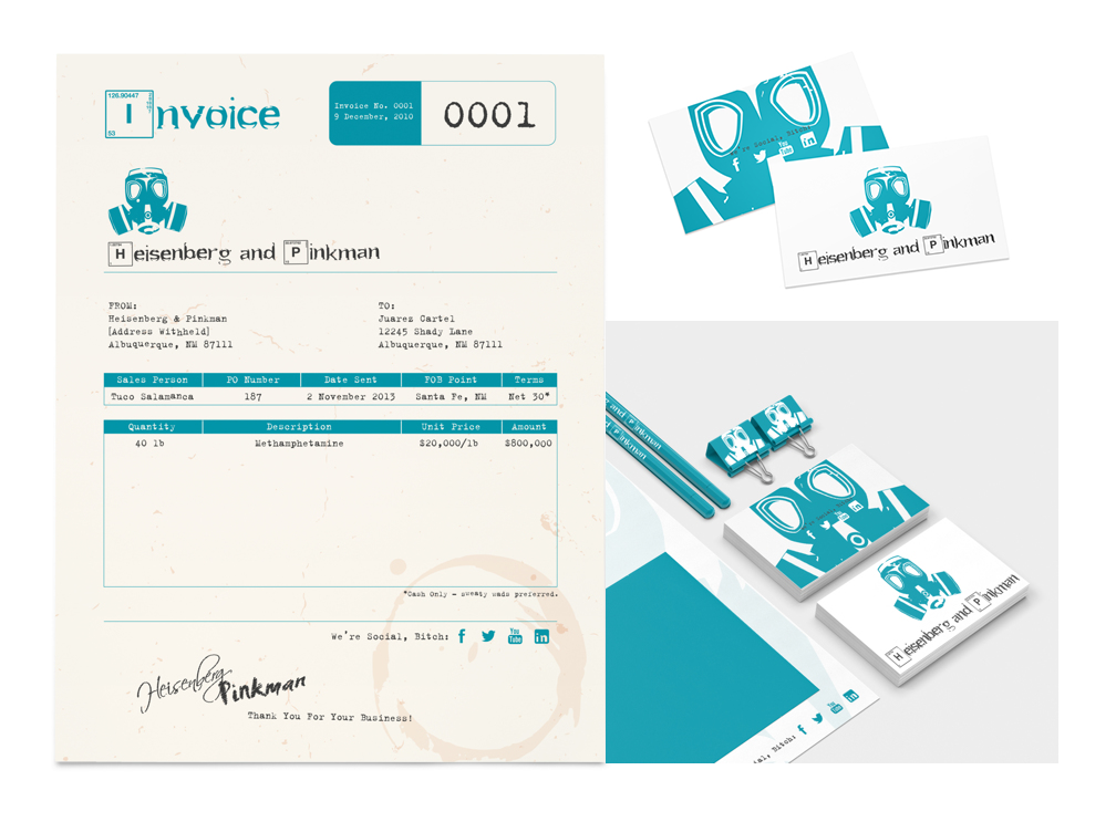 Meth dealers need good identity and invoice design too. Brilliant work inspired by Breaking Bad by Andrew Hetzel