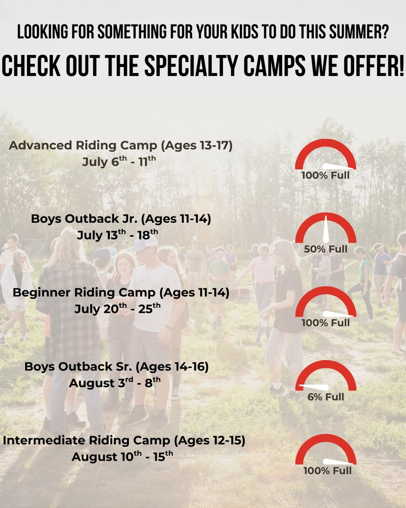 We have two unique camp options for girls OR boys! 
Girls Riding Camp is already full for this summer, but mark your calendars for next year!
Boys Outback still has openings - the first group is halfway full, and our new program for older boys has pl