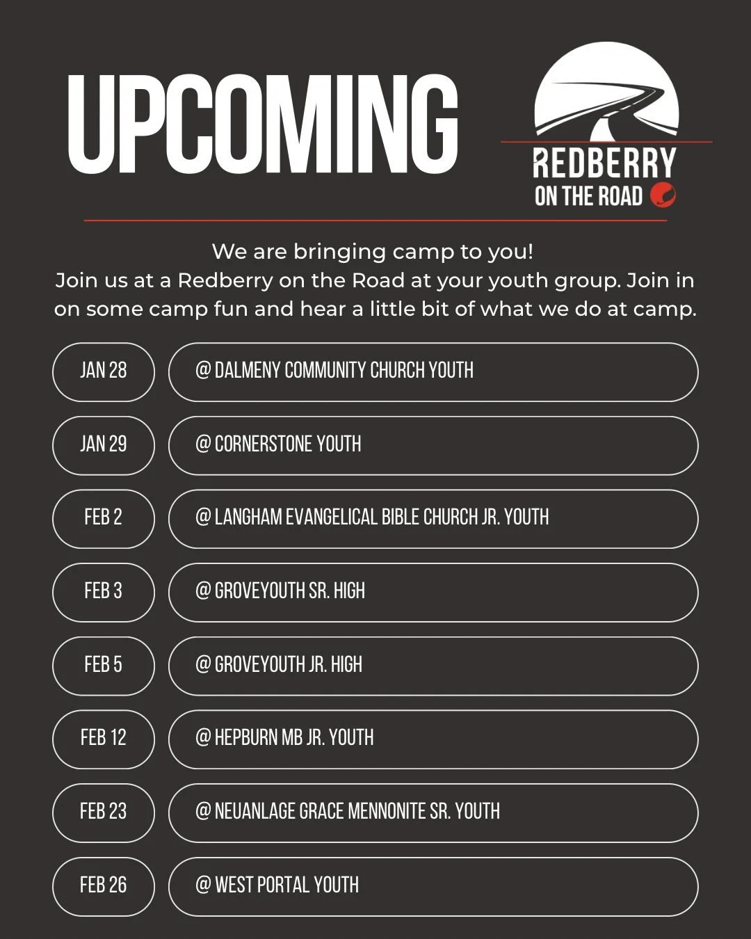 Are you missing being at camp?! Well how about we bring a little piece of camp to you! George is coming around to some of your youth groups to give you a little taste of Redberry and get you excited for the summer! 

Check out this schedule to find o